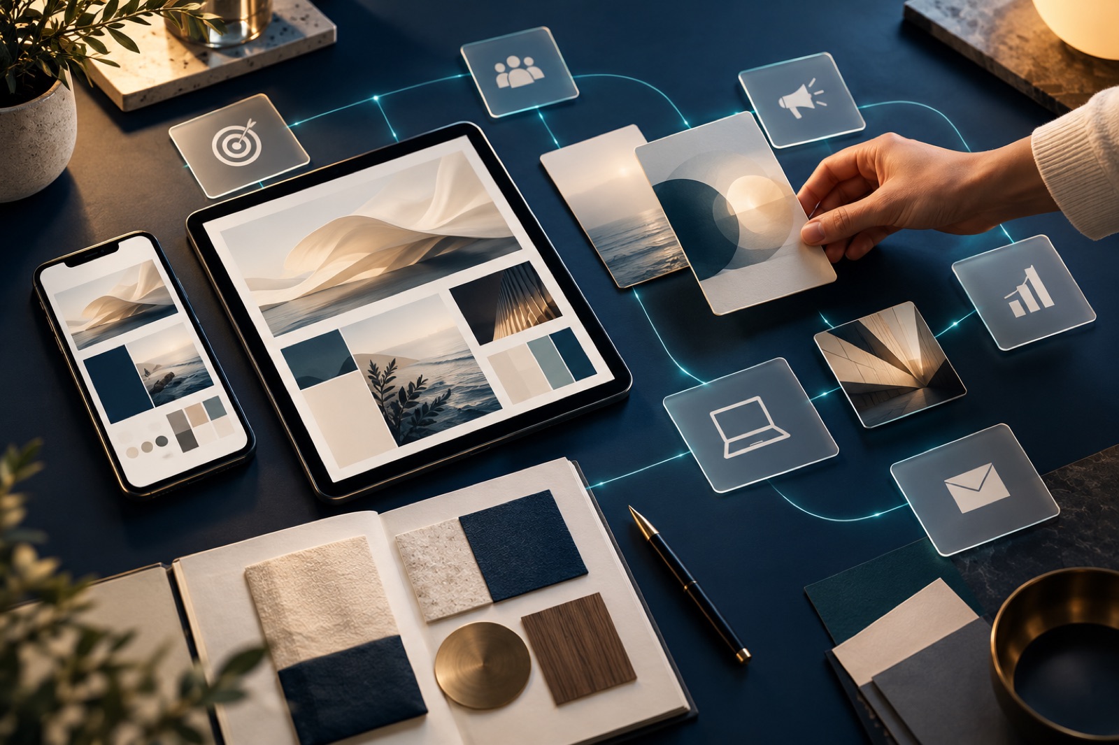 Iliustracinė skaitmeninės rinkodaros ir prekės ženklo planavimo scena